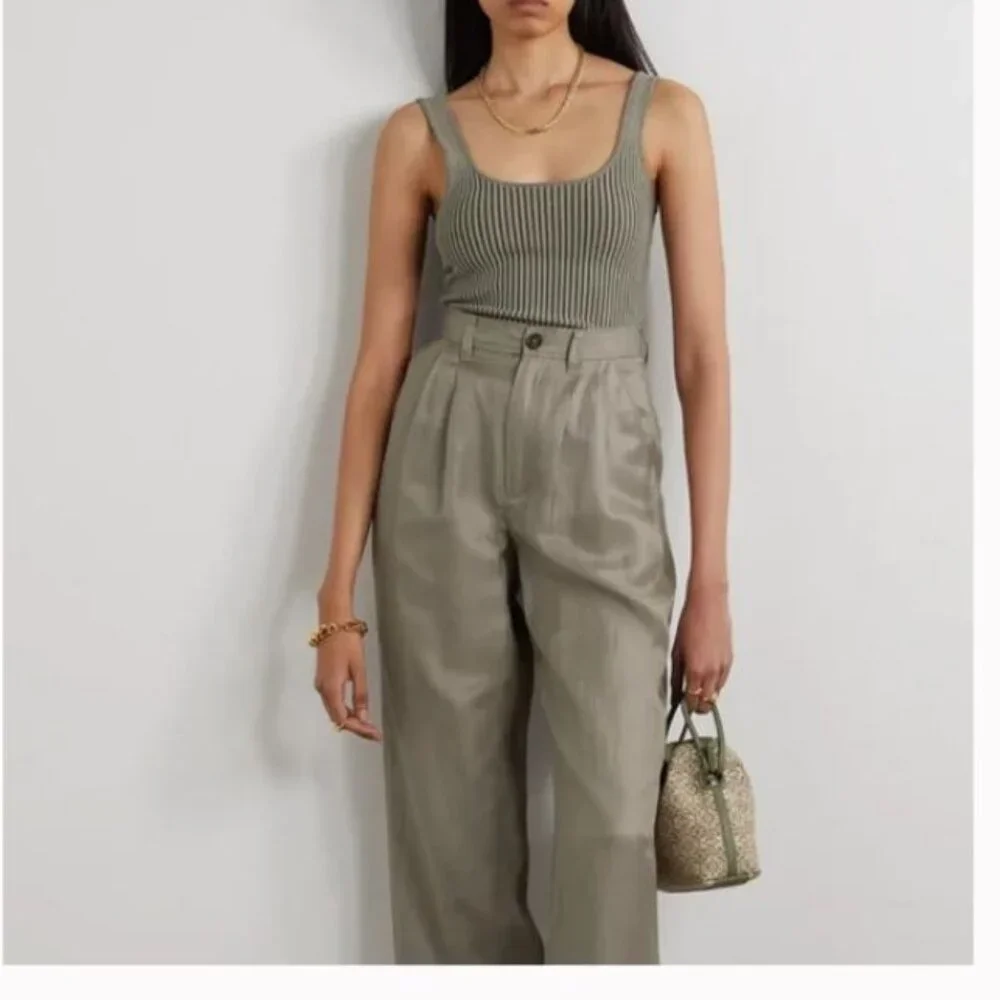 New Anine Bing Carrie Pleated Wide Leg Pants in green khaki Sz EU 34/US 4